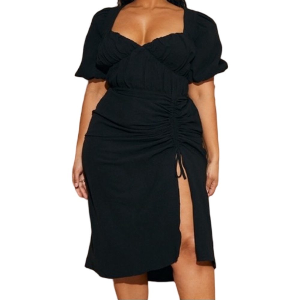 Pretty Little Thing Puff Sleeve Ruched Split Side Midi Dress